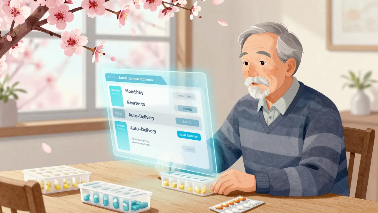 An elderly man views a holographic auto-refill summary of his generic medicines at home.