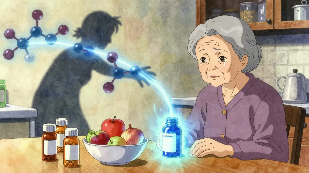 An elderly woman at a table with pill bottles, her shadow showing a quercetin molecule blocking drug pathways.