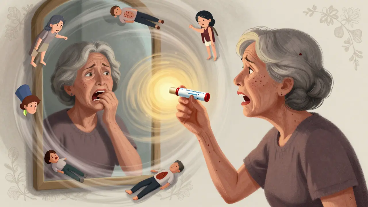 An elderly woman reaching for an expired EpiPen as swirling allergy symptoms surround her in manga art.