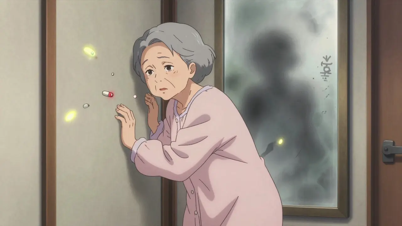 An elderly woman stumbling in a hallway, surrounded by floating pills and a reflection showing dementia creeping in.