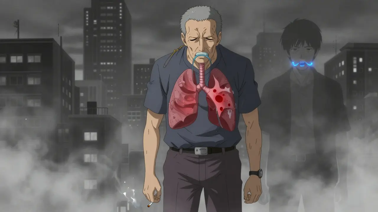 An older man with COPD in a smoky city, his damaged lungs visible, faint blue oxygen lines around his lips.