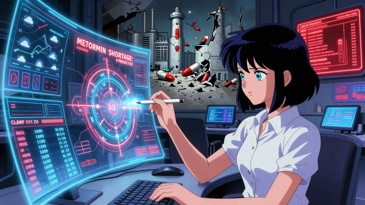 Analyst using holographic AI to predict metformin shortage amid crumbling factories