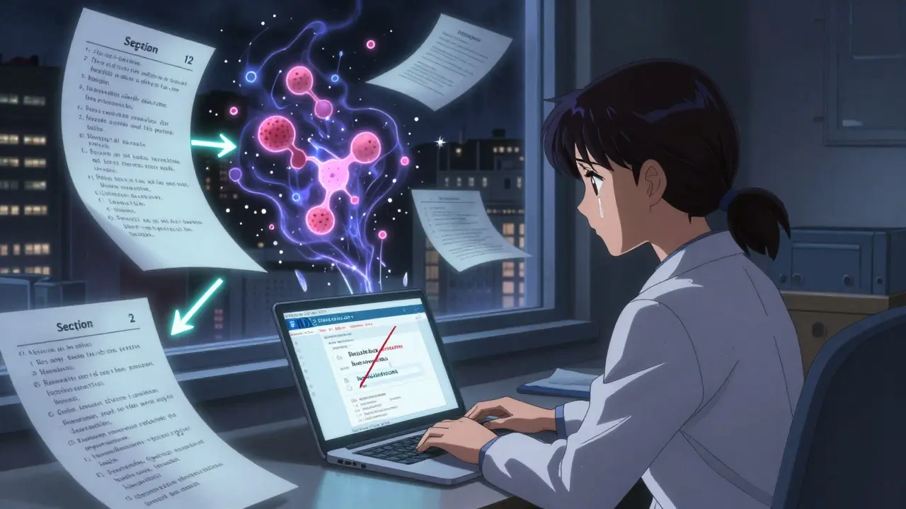 Clinician decoding FDA drug data at night with swirling enzyme spirits and corrected drug names in CLAMP anime style.