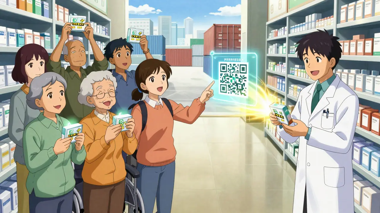 Diverse group in pharmacy holding medicine boxes with glowing verification codes, pharmacist scanning one.