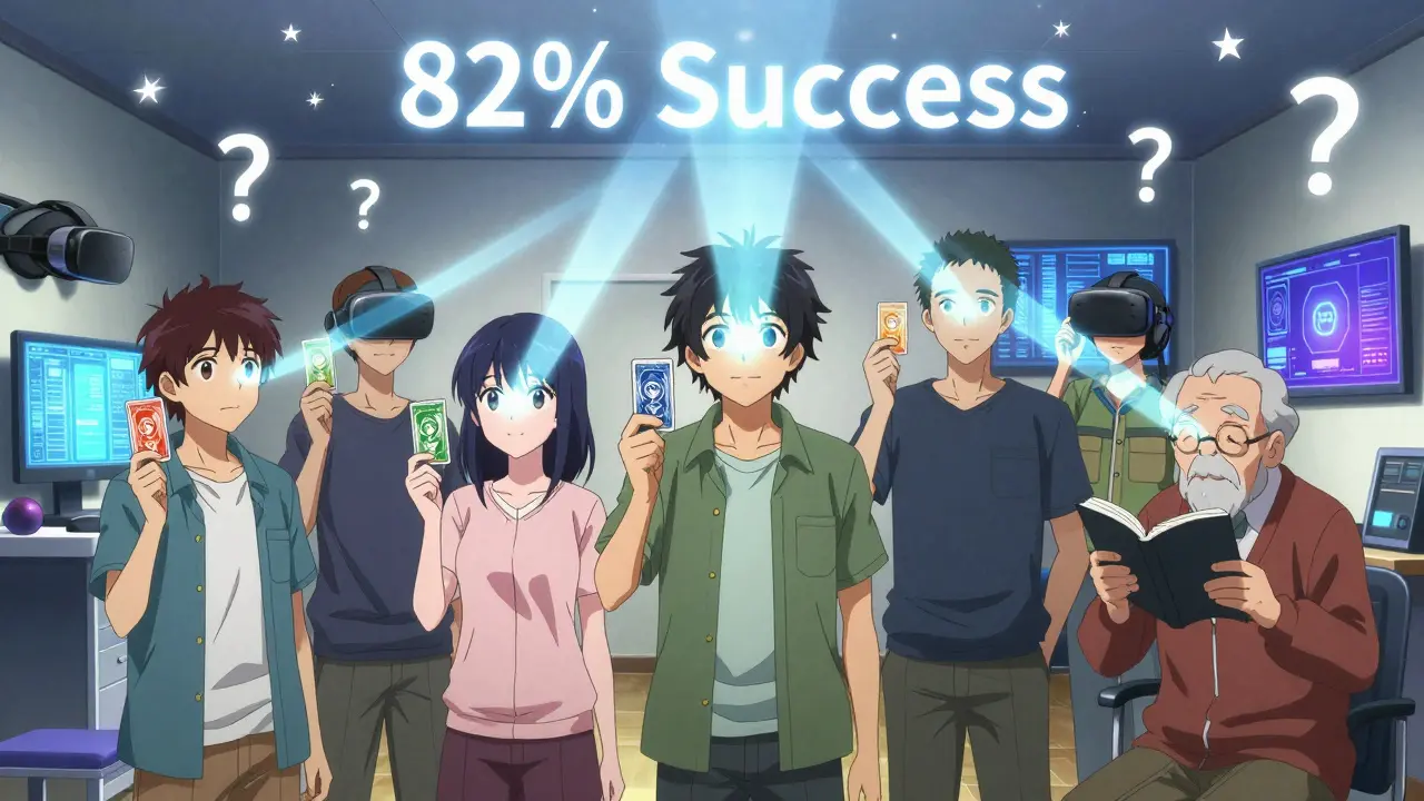 Diverse patients creating a 3D stereogram with light beams from their eyes during vision therapy.