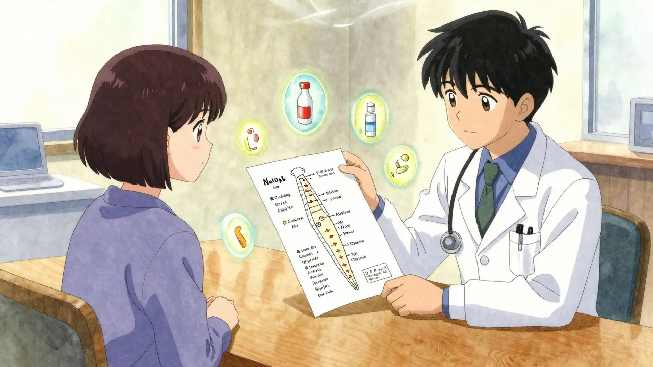 Doctor and patient reviewing a handwritten tapering plan with glowing medicinal symbols.