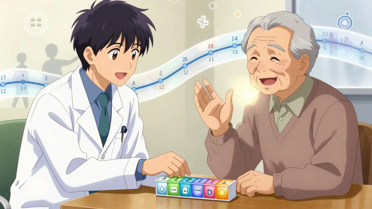 Doctor showing pill organizer with timed icons for bisphosphonate, calcium, and vitamin D.