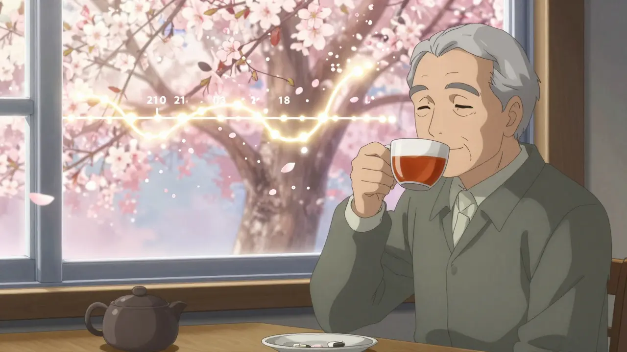 Elderly man drinking tea with pill on saucer, 21-day habit timeline blooming behind him