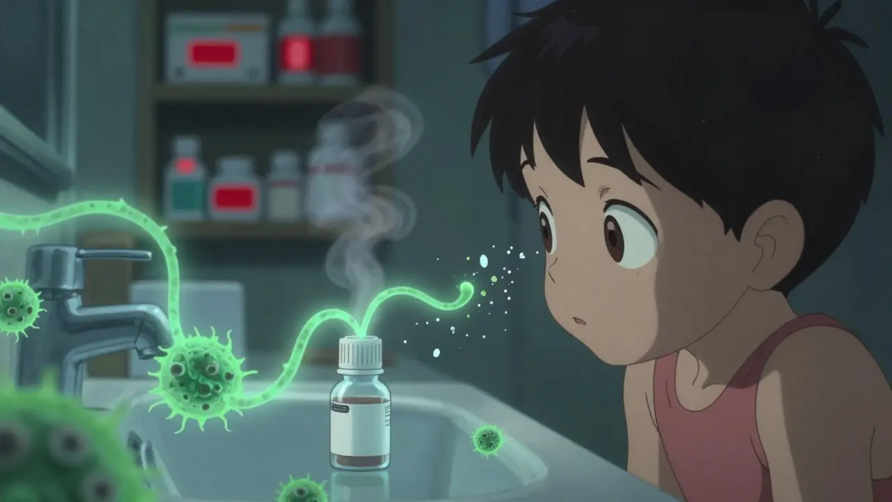 Expired eye drops leaking ghostly bacteria toward a child's eyes in a steamy bathroom, anime style.