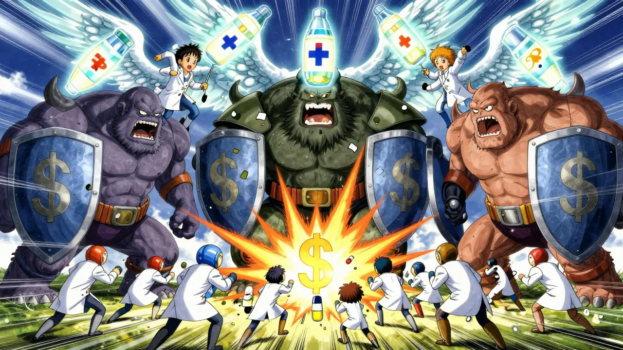 Generic drug heroes battling giant brand-name monsters in a stylized battle scene with dollar sign explosions.