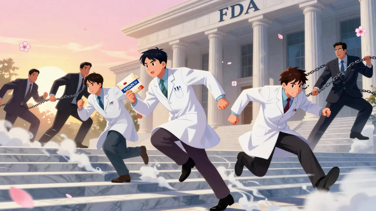 Generic drug scientists racing up FDA steps at dawn, clutching a Paragraph IV application as shadowy figures reach behind.