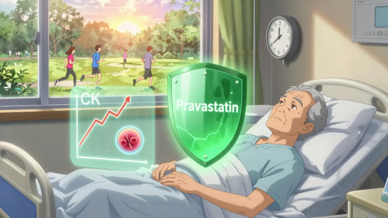 Hospital patient protected by green shield of safe statin, sunrise outside window, CLAMP-style anime