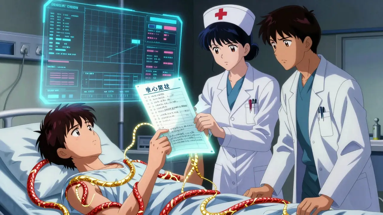 In an emergency room, glowing warnings surround a patient whose handwritten list outshines digital records.