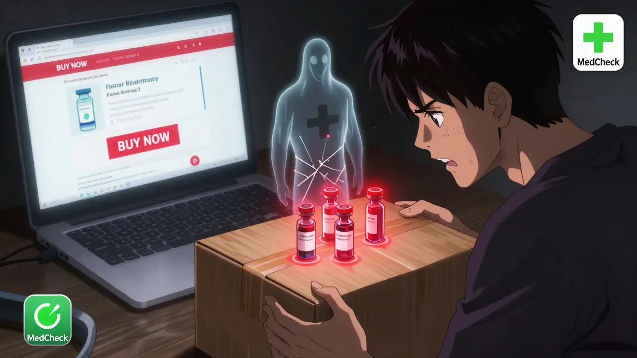 Man opening online-delivered medicine, fake pills glowing red, with a verification app glowing green nearby.