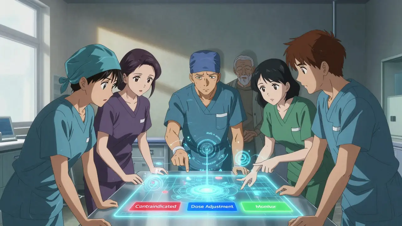 Medical team analyzing a holographic drug interaction table with color-coded risk terms in CLAMP anime style.