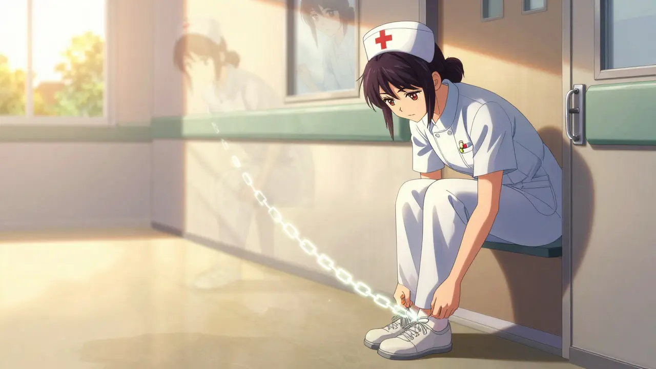 Nurse placing pill in pocket as she ties shoes at sunrise, glowing connection
