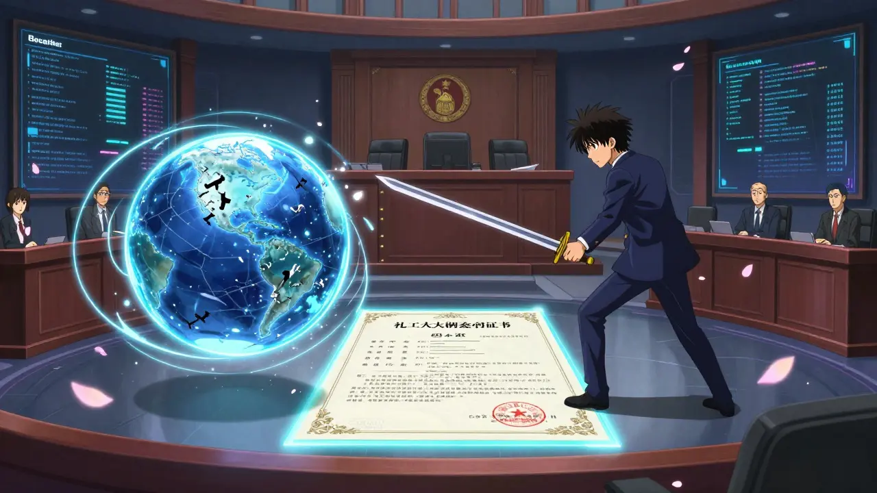 Patent orbs battle in a digital arena as AI and blockchain light patterns finalize a global settlement.