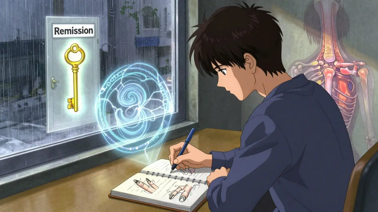 Patient journaling as AI and genetic patterns analyze their condition, with a golden key to remission glowing above.