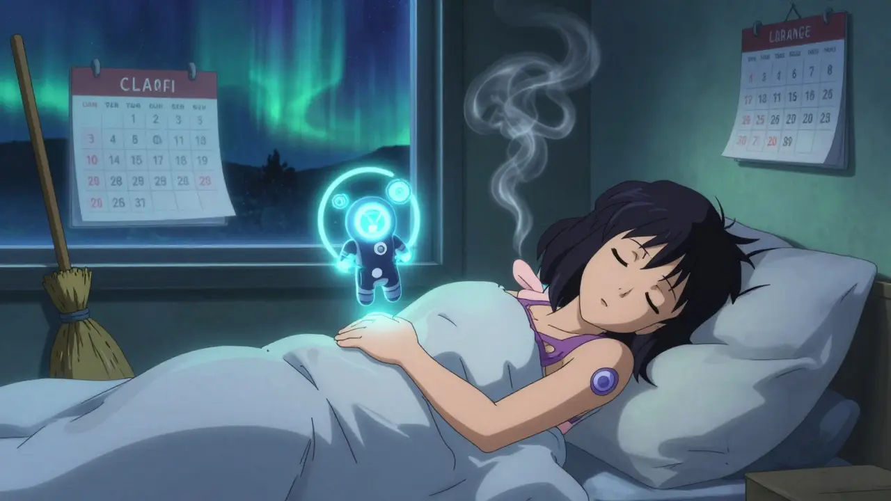 Person sleeping with pillow hugging chest, healing symbols float nearby as recovery timeline passes.