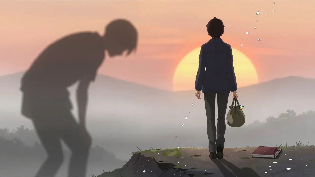 Person walking away from a foggy shadow toward sunrise, representing recovery and control.