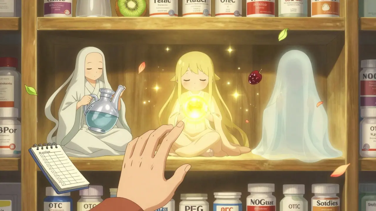 Personified OTC remedies on a mystical pharmacy shelf, with PEG chosen by a hand while others fade into the background.