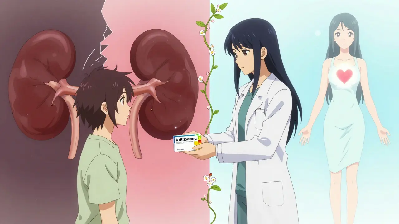 Pharmacist handing safe antibiotic while two paths show danger vs. safety, CLAMP-style anime
