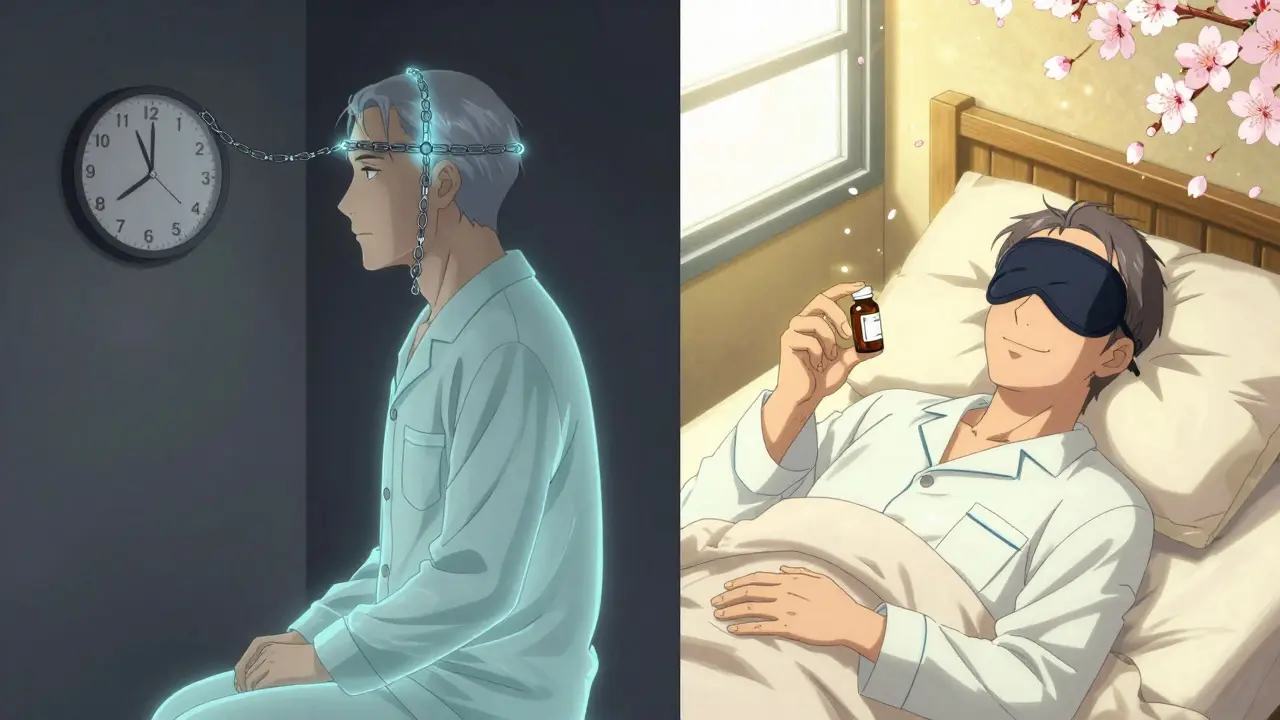 Split scene: an elderly man trapped by chemical chains vs. the same man peacefully sleeping with melatonin and cherry blossoms.