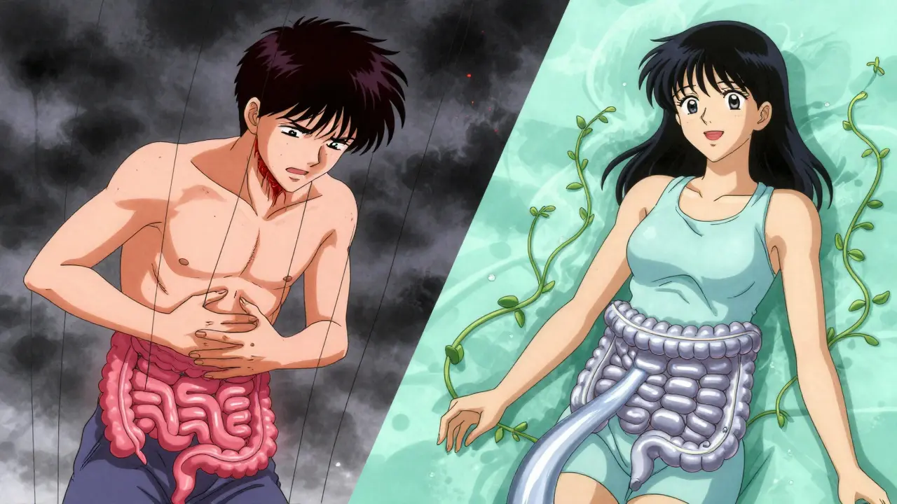 Split scene showing distress from stimulant laxatives versus calm relief from osmotic PEG in a medical fantasy setting.