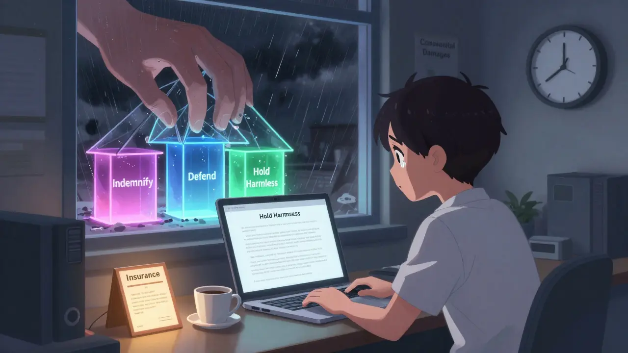 Startup founder facing a storm as contract clauses glow above a crumbling business model.