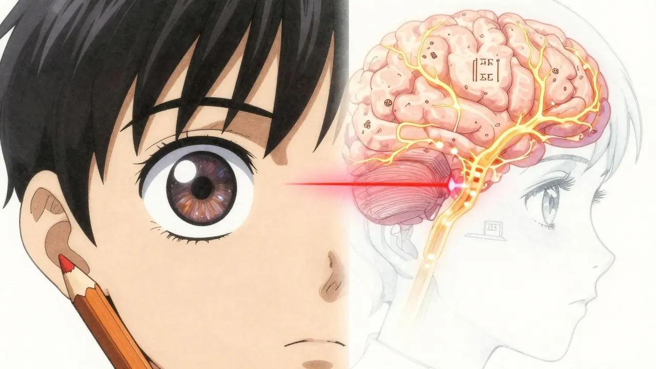 Two eyes diverging and realigning with glowing neural pathways symbolizing binocular therapy.