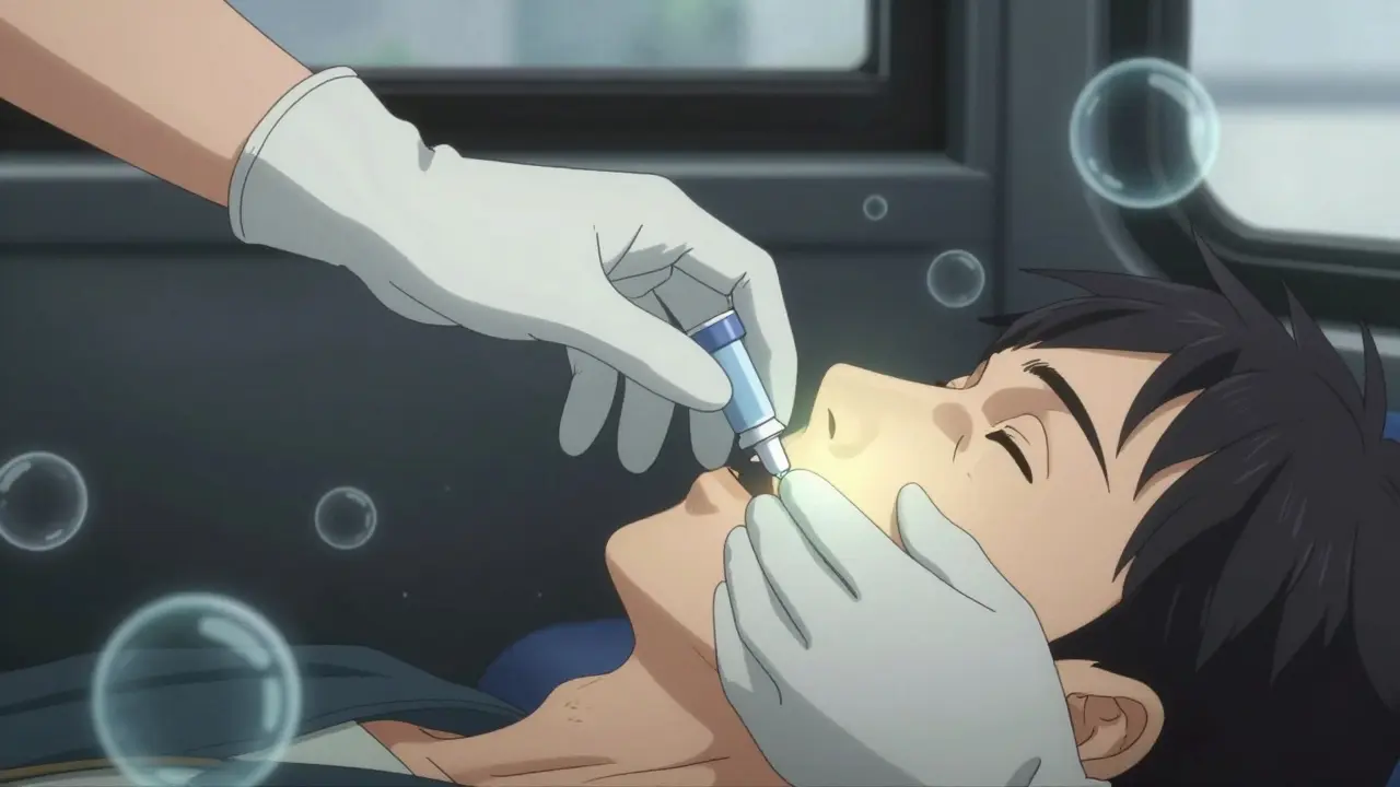 Two hands administer naloxone and rescue breaths on a bus, with glowing oxygen particles surrounding them.