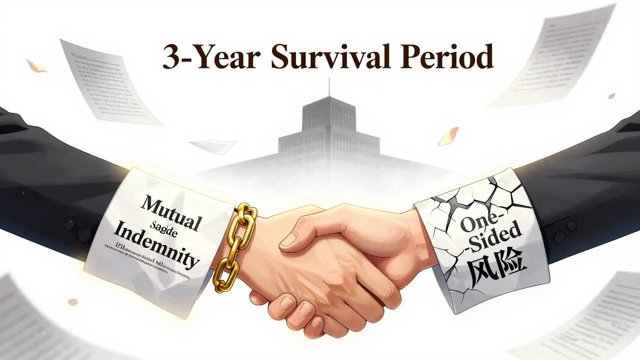 Two hands shaking across a table with transforming contract chains and floating legal terms.