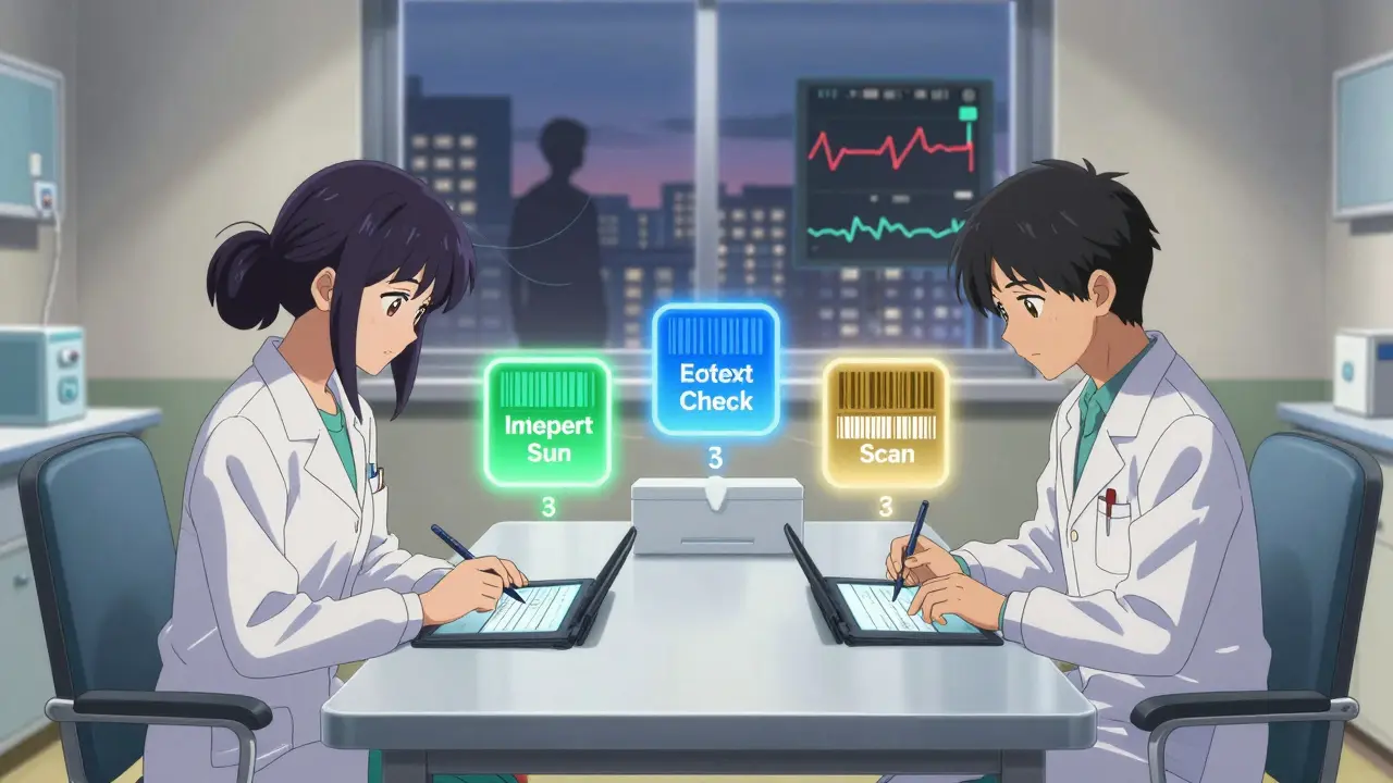 Two healthcare workers calculating doses at a table, surrounded by glowing verification steps in CLAMP anime style.