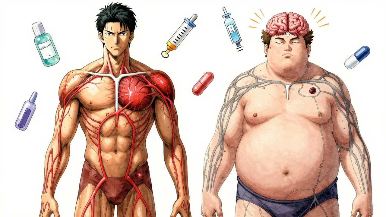 Two male figures contrast: one vibrant with glowing testosterone, the other dull with weak signals.