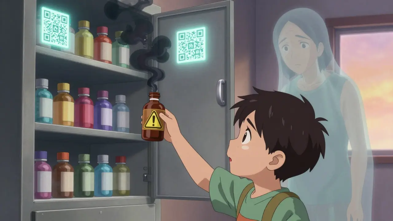 A child reaches for medicine in an unlocked cabinet as ghostly figures watch, with glowing QR codes floating nearby.