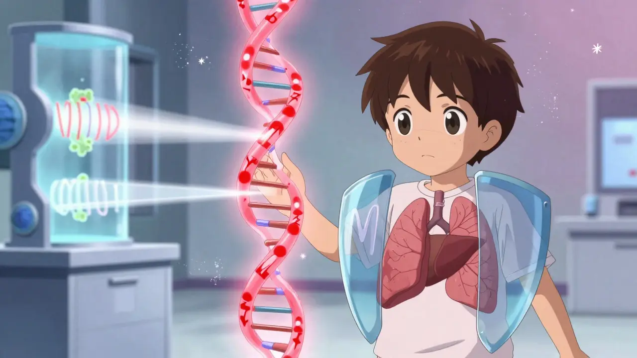 A child’s DNA helix with one mutant strand glowing red, protective shields forming around lungs and liver, futuristic lab beams in the background.