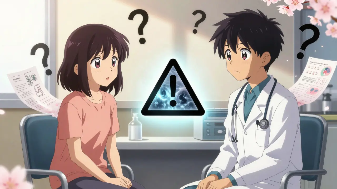 A doctor and patient discuss a glowing black box warning, surrounded by floating symbols of emotion and medical imagery.