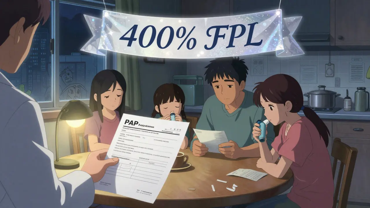 A family at home receives a patient assistance program application under dim lamplight, with income documents visible.