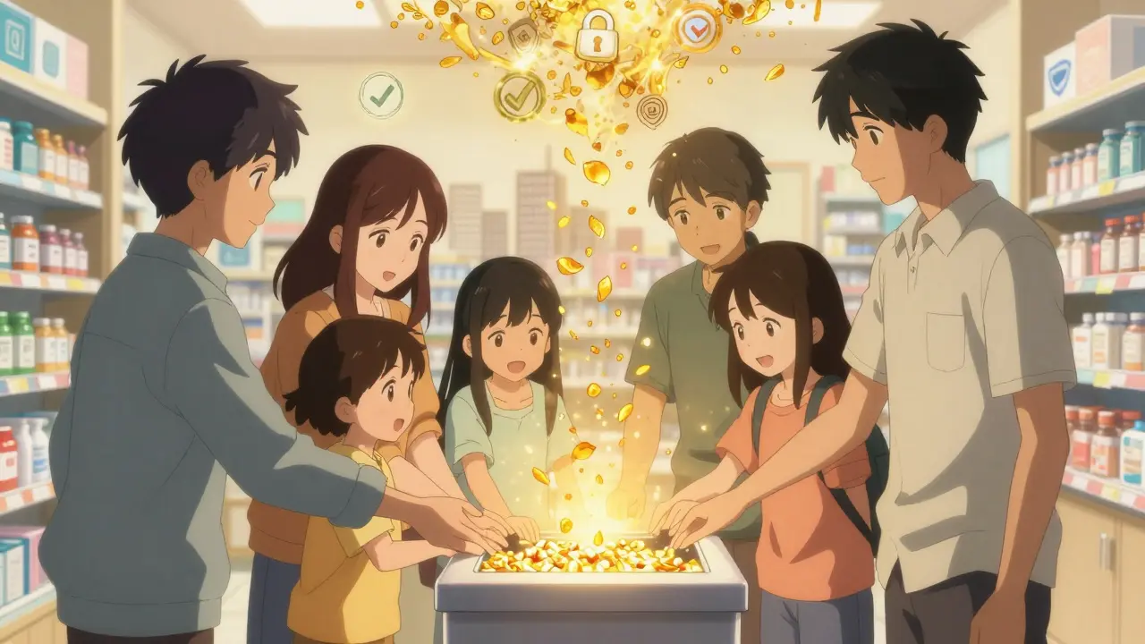 A family disposes of expired meds at a take-back kiosk as golden petals rise into the air in a warm pharmacy setting.