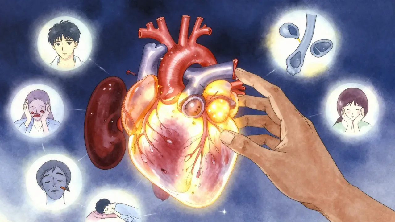 A glowing anatomical heart with adrenal glands reactivating, surrounded by floating symptoms like fatigue and nausea.