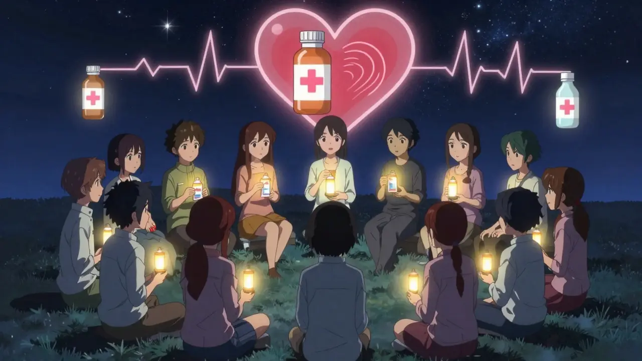 A group of people hold naloxone kits like lanterns under a starry sky, symbolizing hope and solidarity.