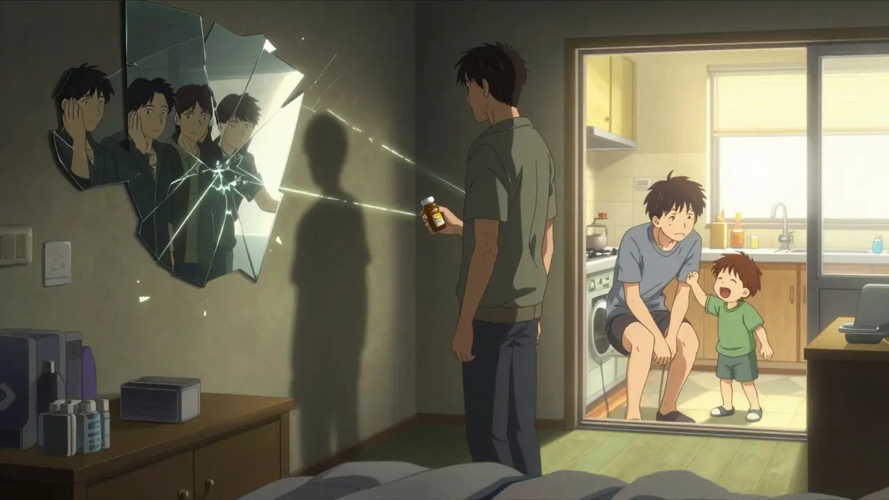 A man stares at his pills as his shadow shows different versions of himself, one reaching out for help toward a warm kitchen.