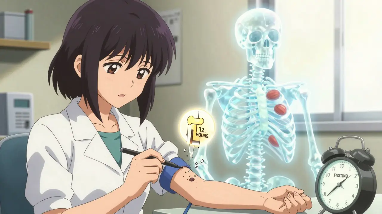 A medical technician draws blood at 8 a.m. in a sunlit clinic, with glowing bone fragments and a fasting clock in the background.