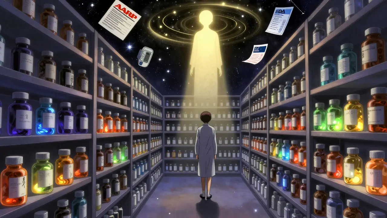 A patient before a cosmic shelf of pill bottles, with FDA light guiding trust and truth in floating data fragments.