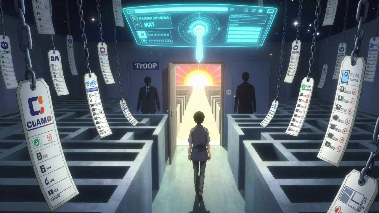 A patient walks through a maze of high drug prices toward a glowing portal offering help, while insurance barriers loom behind.