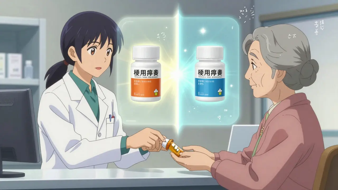 A pharmacist handing a generic pill bottle to an elderly woman, with glowing symbols of equivalence beside them.