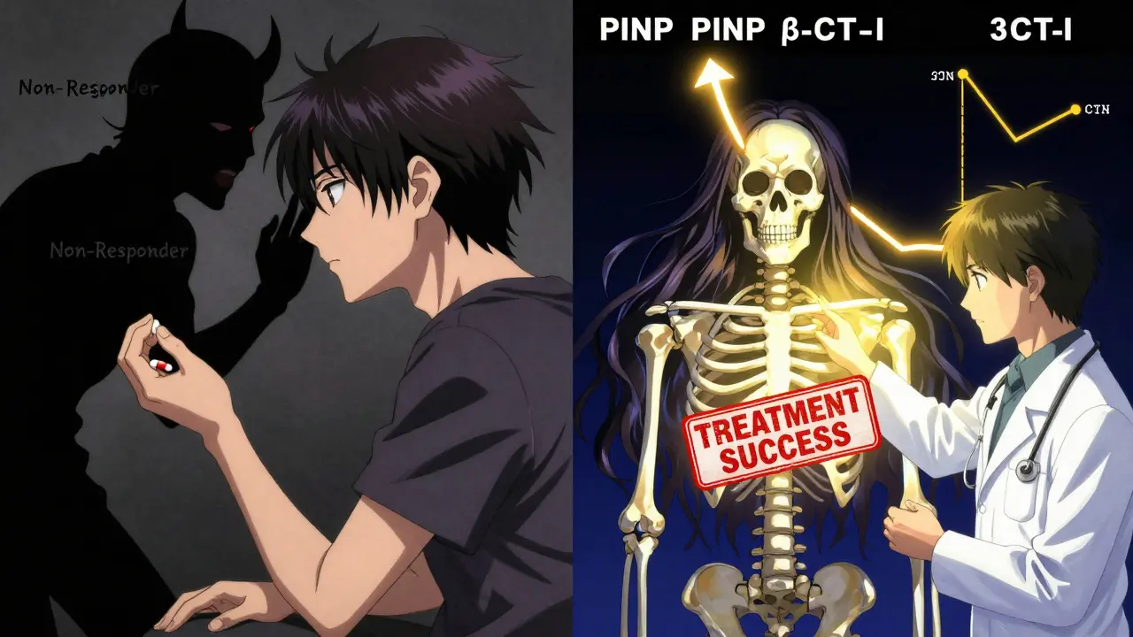 A split-panel scene contrasts a patient skipping medication with a successful 3-month follow-up, showing bone markers changing dramatically.