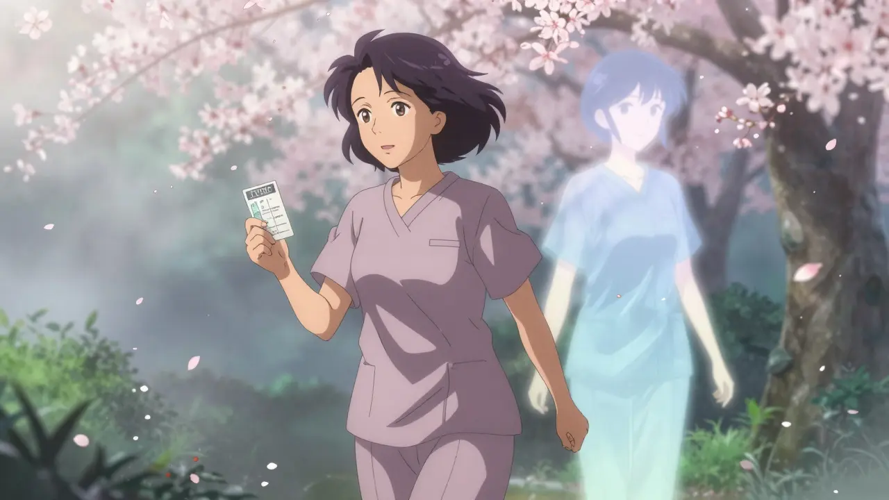 A woman walking through a garden, holding a steroid alert card, as her past self fades behind her under falling cherry blossoms.