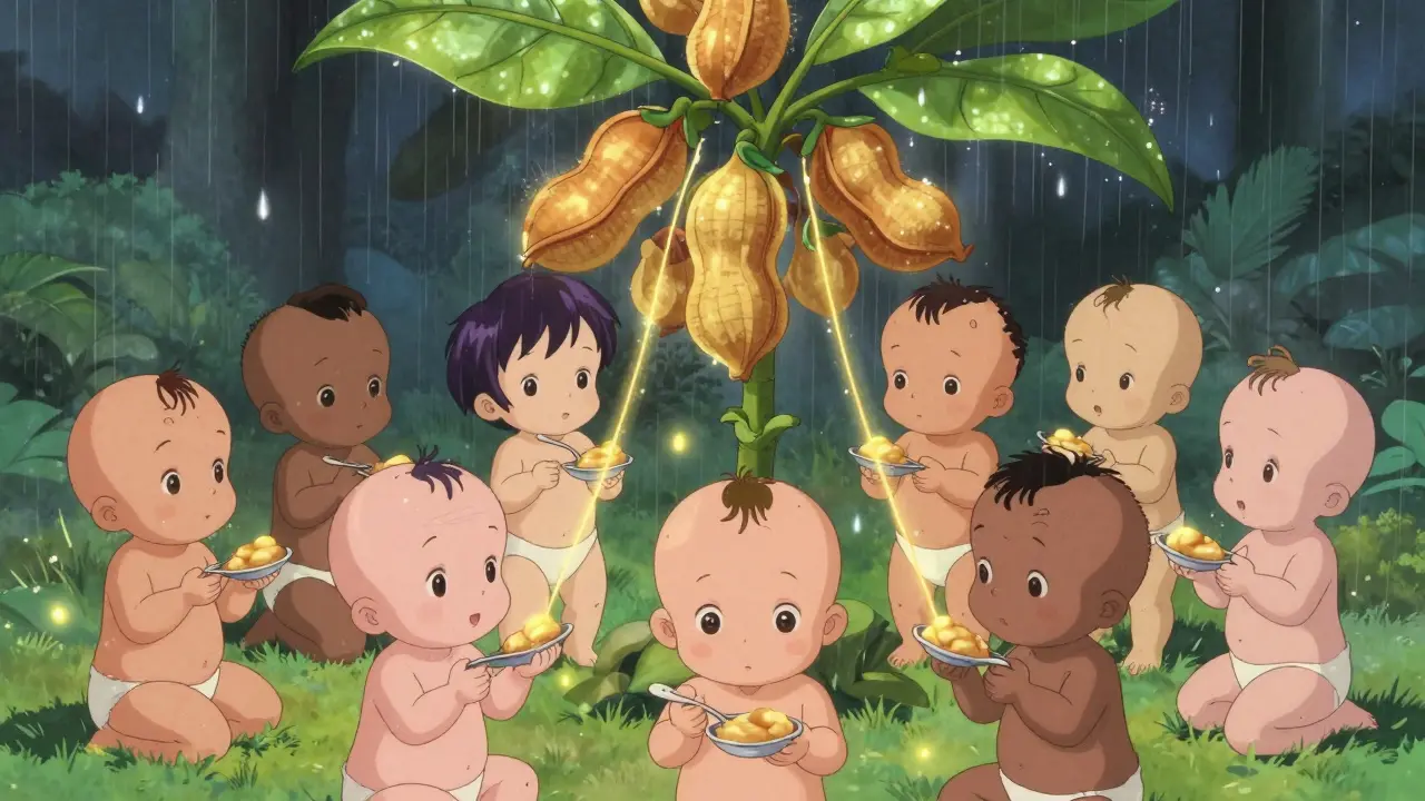 Diverse infants feeding on peanut puree, connected by golden threads to a giant blooming peanut plant, with soft light rain falling around them.