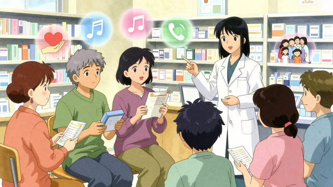 Diverse patients and a pharmacist in a cozy pharmacy, with floating symbols of support like hearts, music, and phone calls.